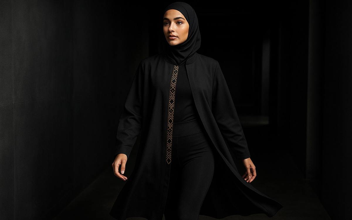 The transition — athletic abaya worn open over a training set, walking into the gym