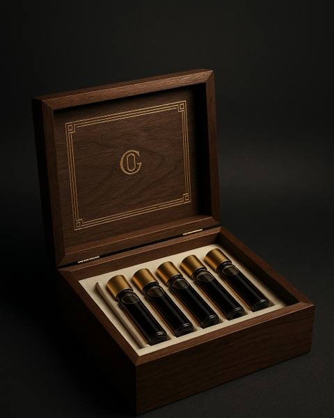 Attar Discovery Box — six attar vials in a walnut cigar-style box