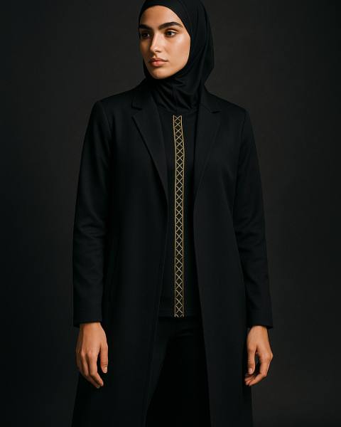 Transit Abaya Coat — knee-length athletic abaya with gold geometric placket