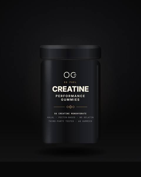 0G Fuel Creatine Gummies — pectin-based, halal-standard, matte black jar